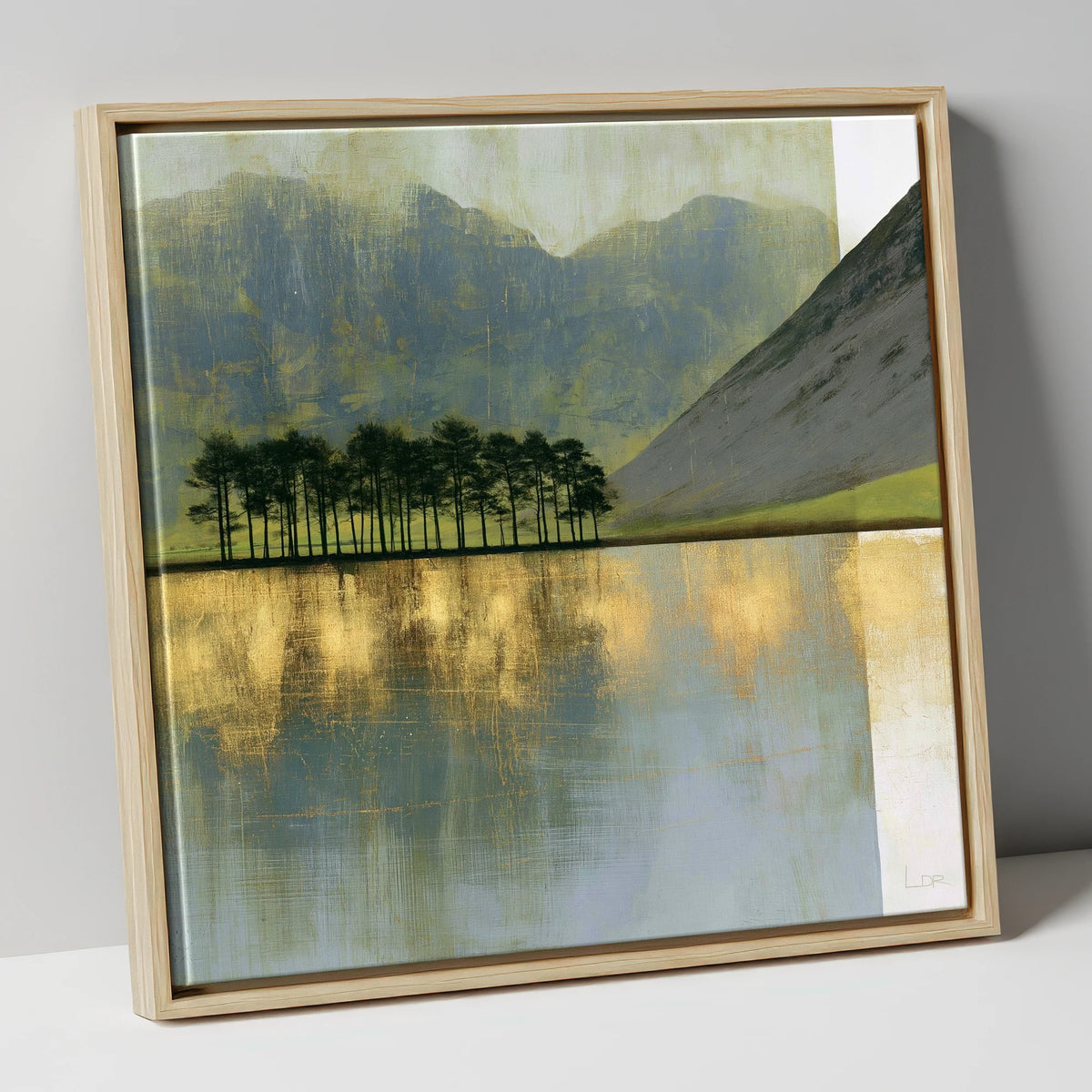 Buttermere Pines in Slate and Gold lake district lake canvas wall art in natural frame
