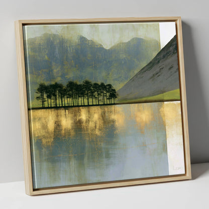 Buttermere Pines in Slate and Gold lake district lake canvas wall art in natural frame