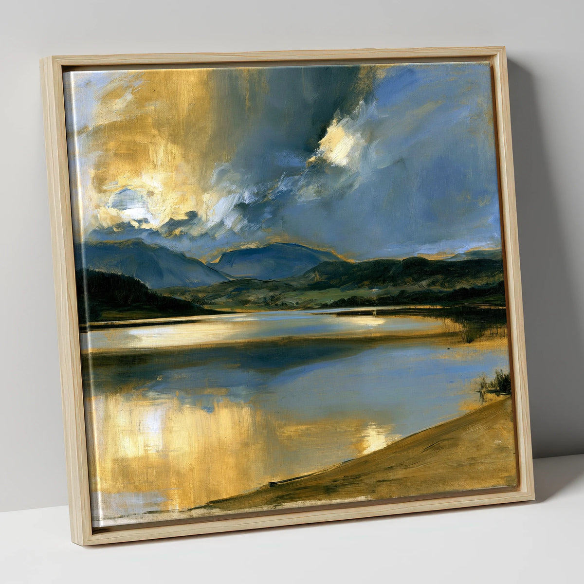Ochre Dawn Over Still Lake lake district lake canvas wall art in natural frame