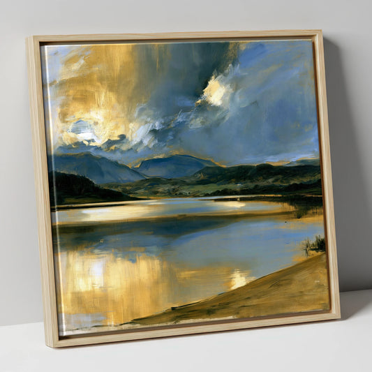 Ochre Dawn Over Still Lake lake district lake canvas wall art in natural frame