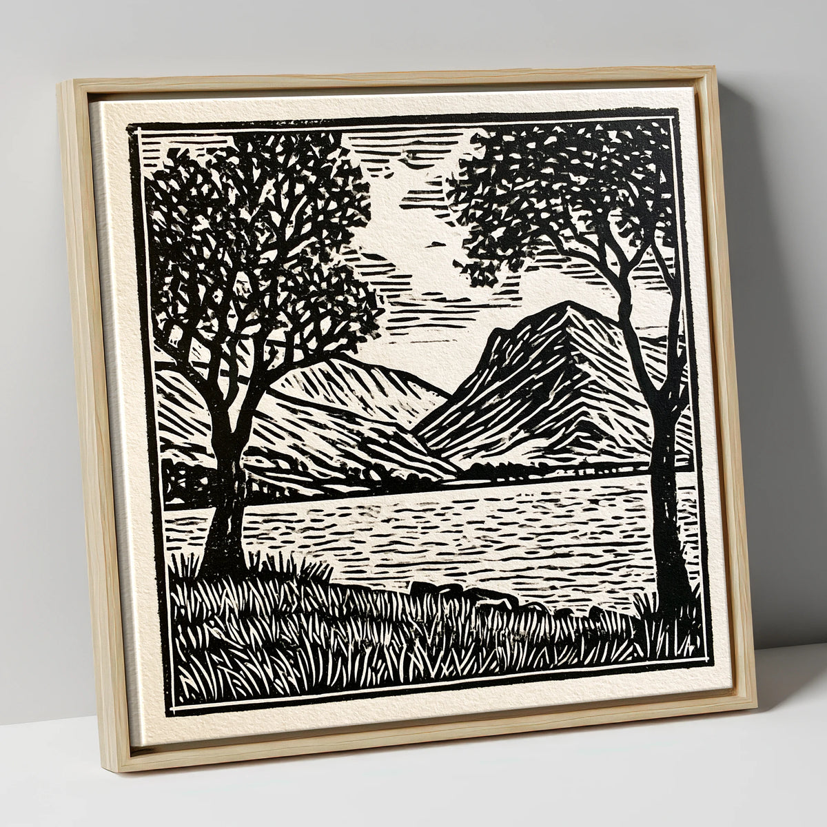 Monochrome Crummock Water Fells lake district lake canvas wall art in natural frame