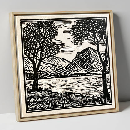 Monochrome Crummock Water Fells lake district lake canvas wall art in natural frame