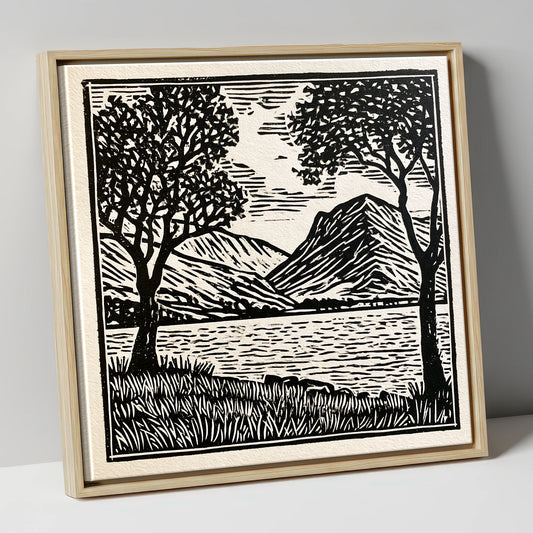 Monochrome Crummock Water Fells lake district lake canvas wall art in natural frame