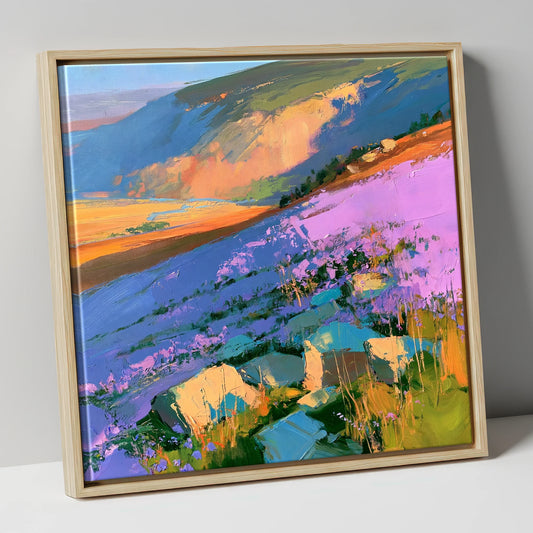 Vibrant Purple Heather Fellside flowers & fellsides canvas wall art in natural frame