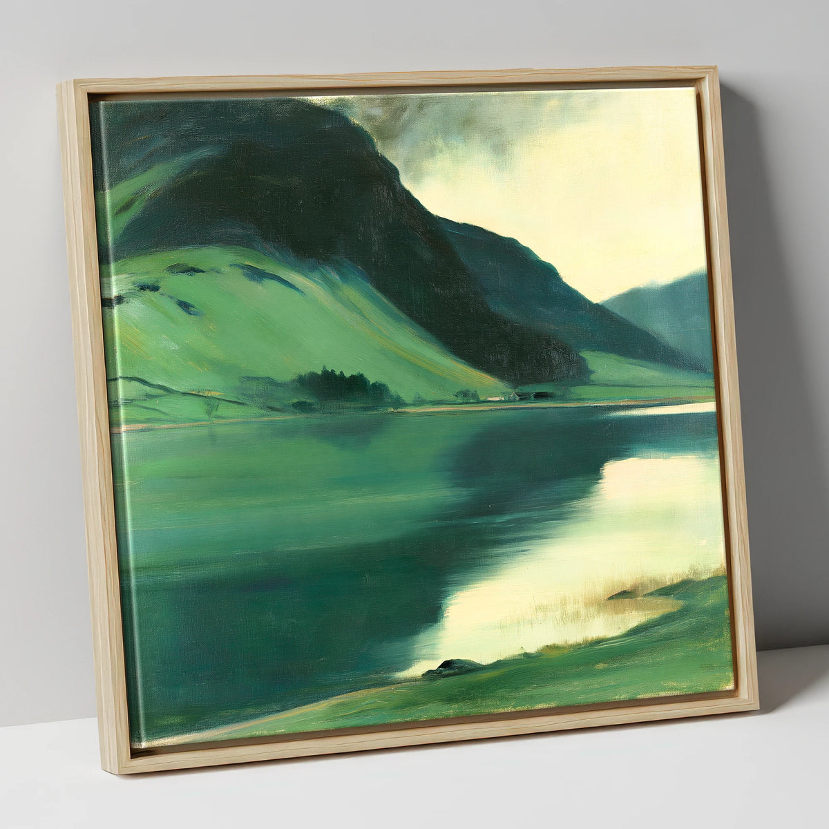 Emerald Fells Over the Lake lake district lake canvas wall art in natural frame