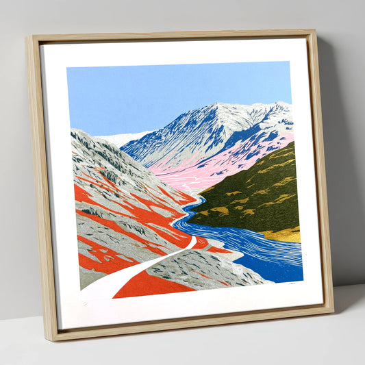 Bold Kirkstone Pass Mountain Road lake district valley canvas wall art in natural frame