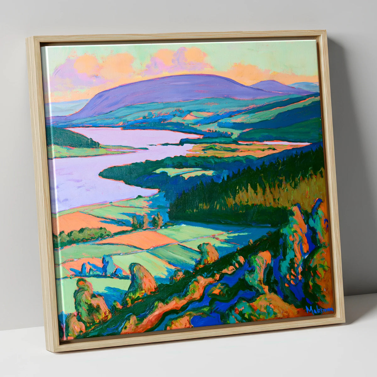 Vibrant Bassenthwaite Lake and Fells lake district lake canvas wall art in natural frame