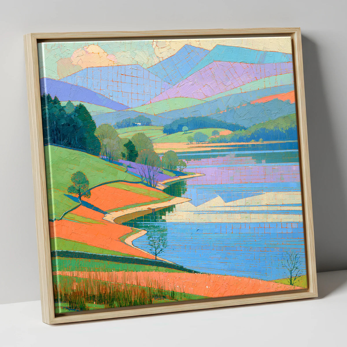 Turquoise Lake And Orange Shores lake district lake canvas wall art in natural frame