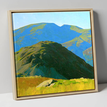 Vibrant Hard Knott and Blue Peaks lake district fell canvas wall art in natural frame