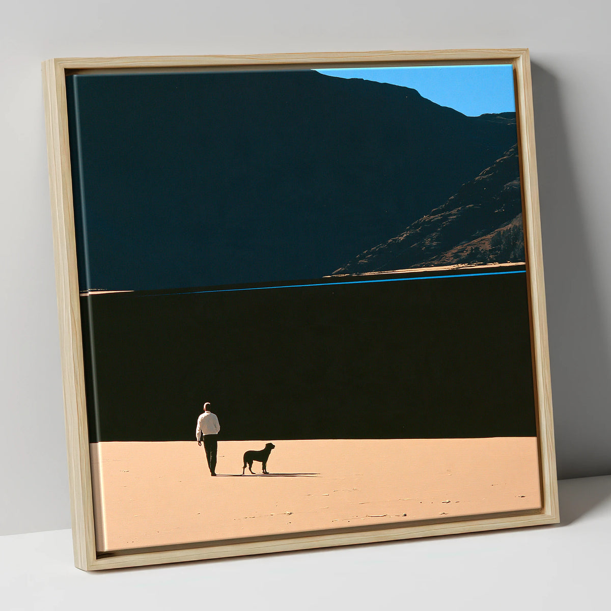 Dog Walker on Ennerdale Shore gifts for dog walkers canvas wall art in natural frame