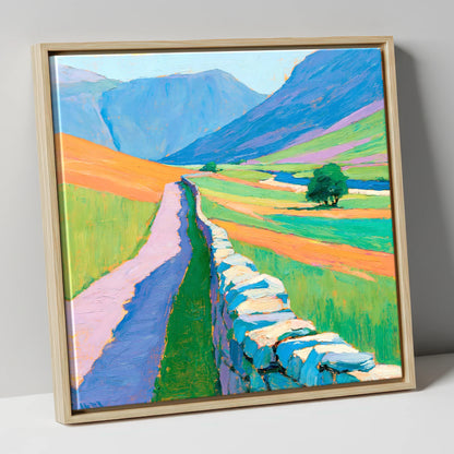 Drystone Wall Through Vivid Valley lake district valley canvas wall art in natural frame