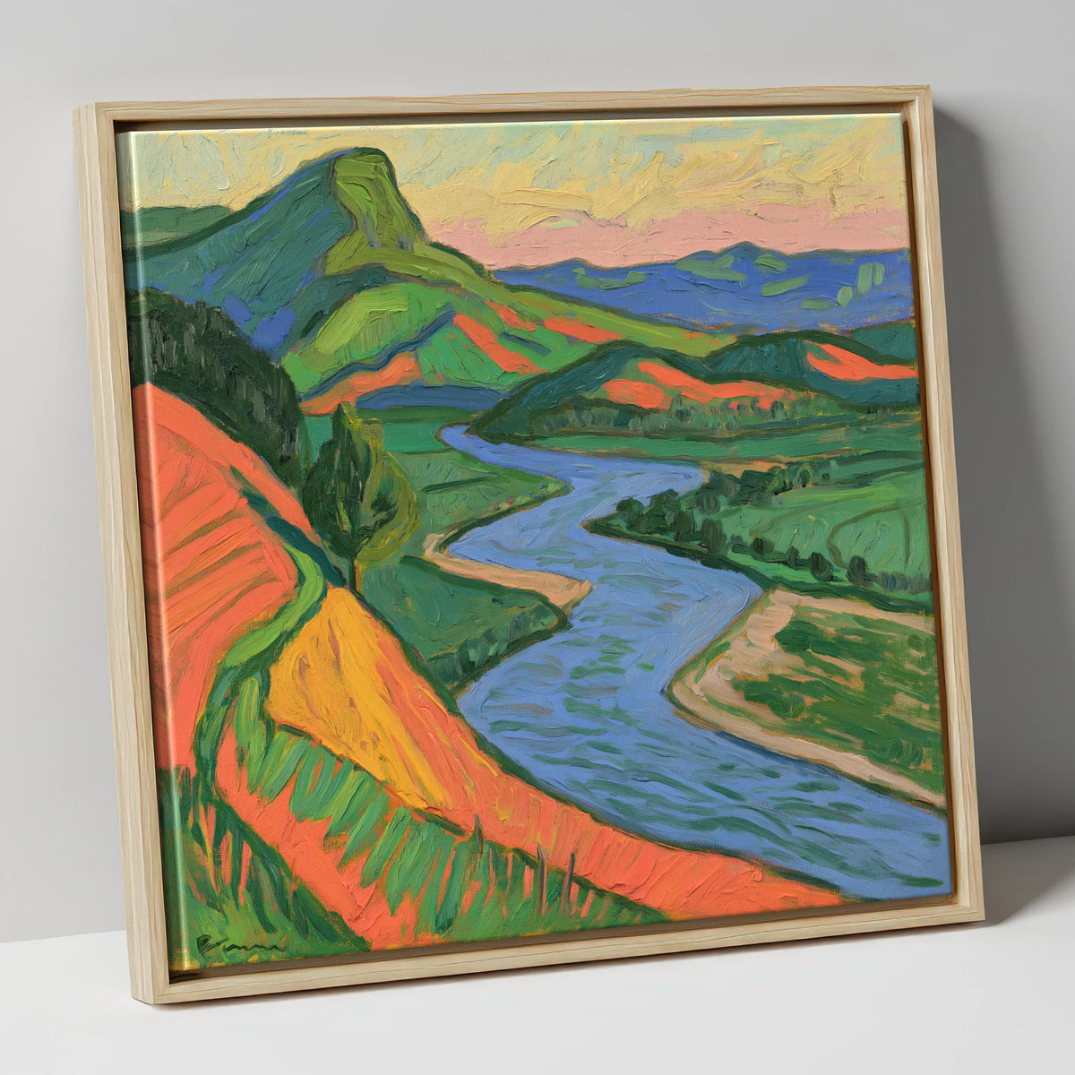 Vivid Orange and Green River Valley lake district waterfall canvas wall art in natural frame