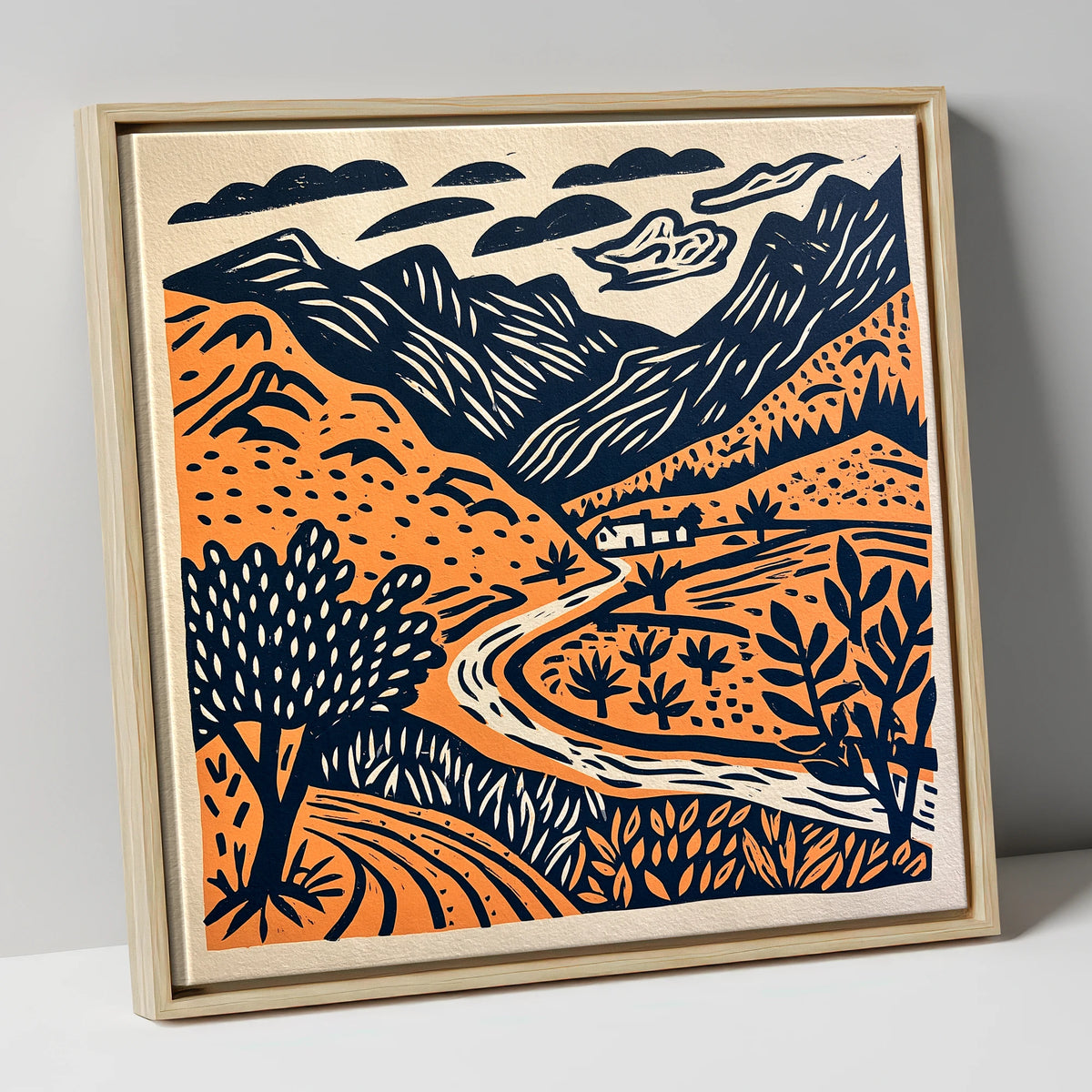 Terracotta And Navy Eskdale Valley lake district valley canvas wall art in natural frame