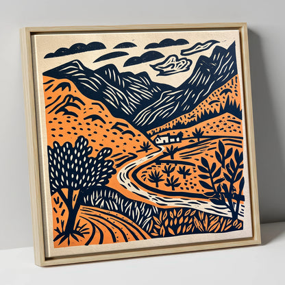 Terracotta And Navy Eskdale Valley lake district valley canvas wall art in natural frame
