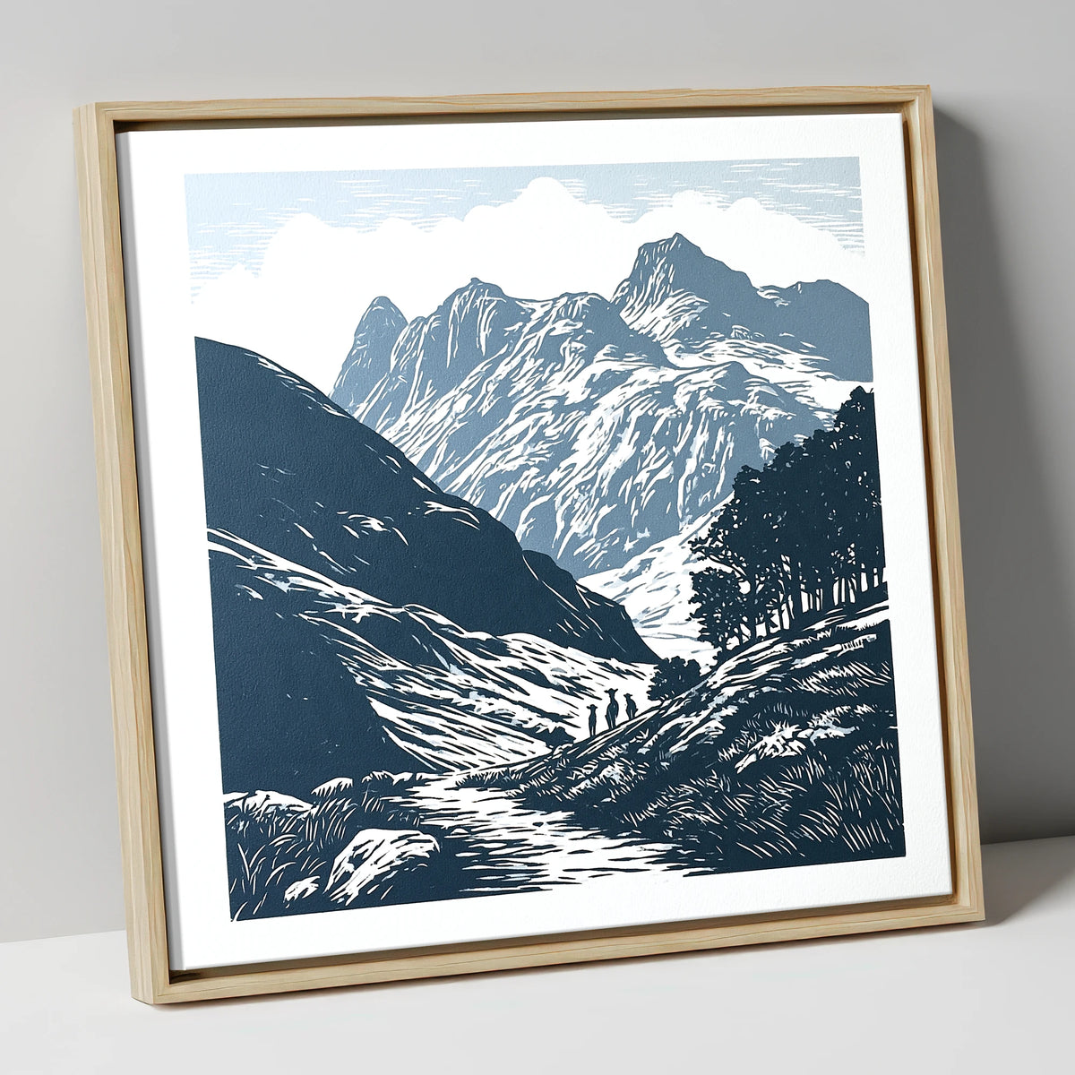 Langdale Pikes in Slate Blue lake district fell canvas wall art in natural frame