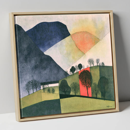 Green Valley Under Geometric Fells lake district valley canvas wall art in natural frame