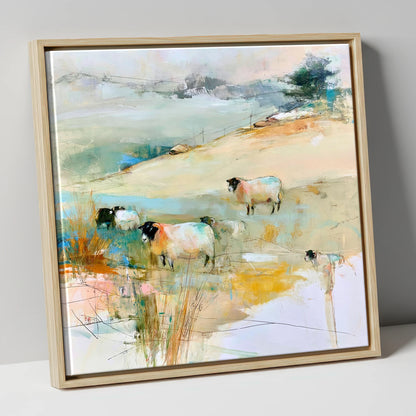 Contemporary Herdwick Sheep on Fellside lake district wildlife canvas wall art in natural frame