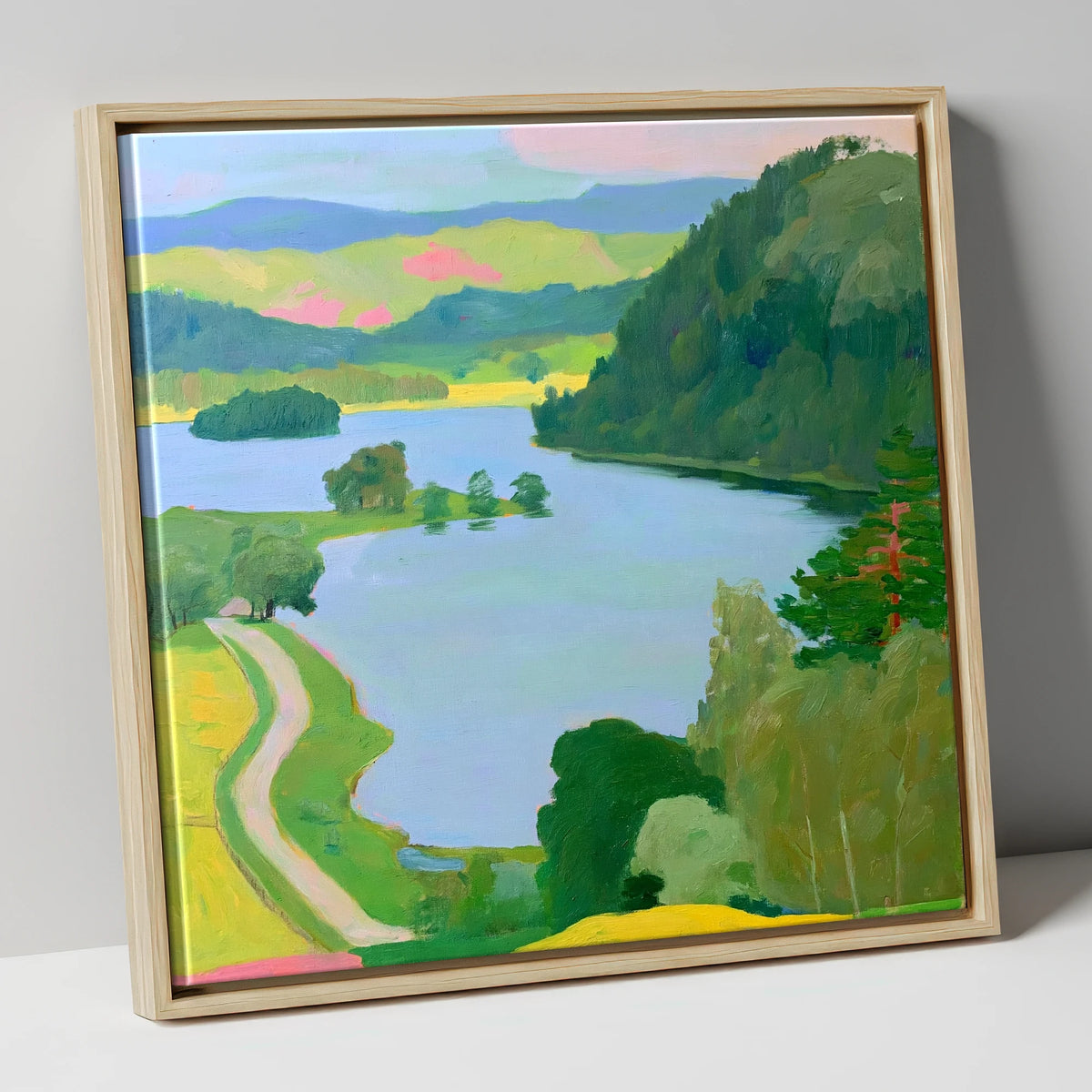 Vibrant Rydal Water Lakeside Path lake district lake canvas wall art in natural frame