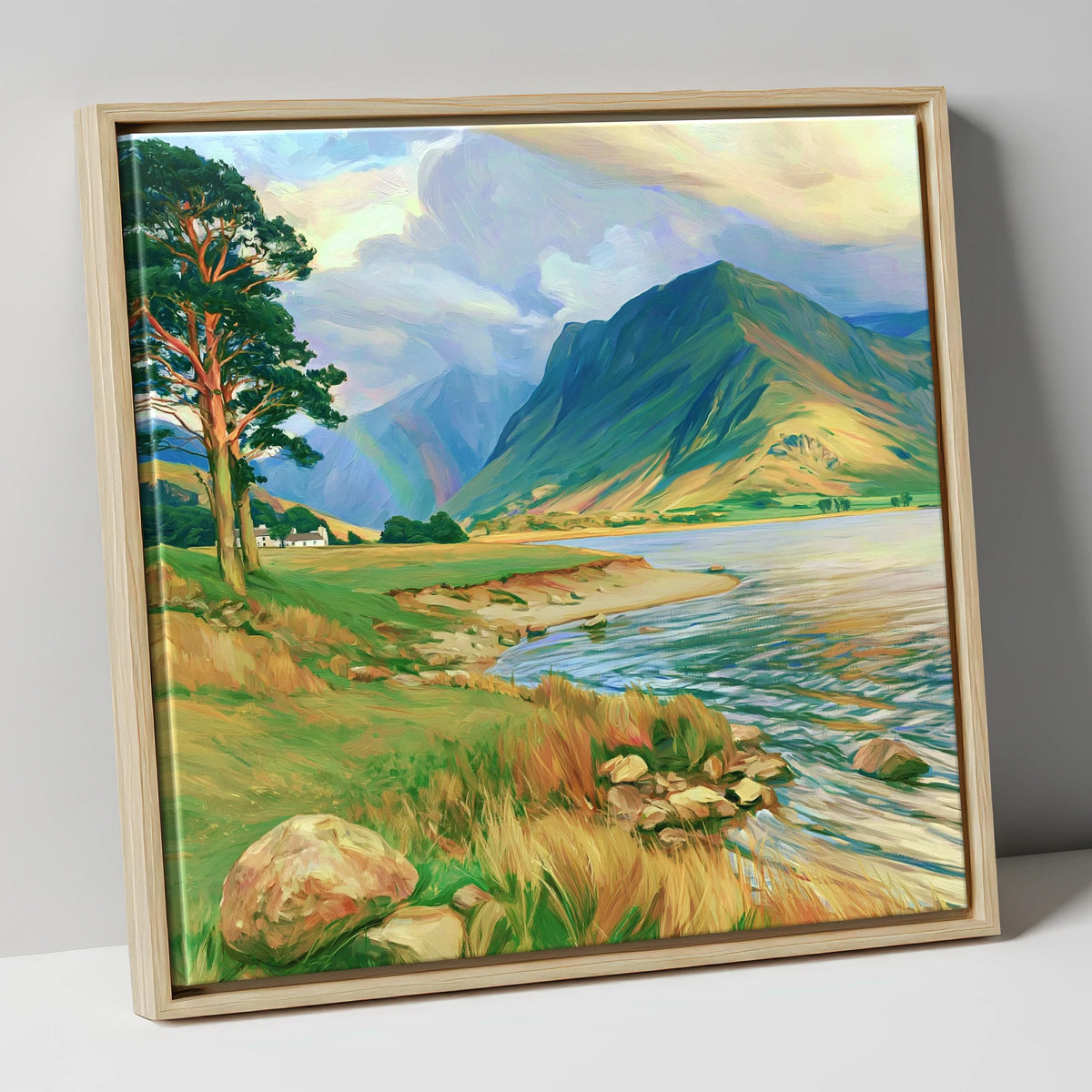 Lakeshore Rainbow After Rain lake district sky canvas wall art in natural frame