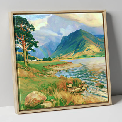 Lakeshore Rainbow After Rain lake district sky canvas wall art in natural frame