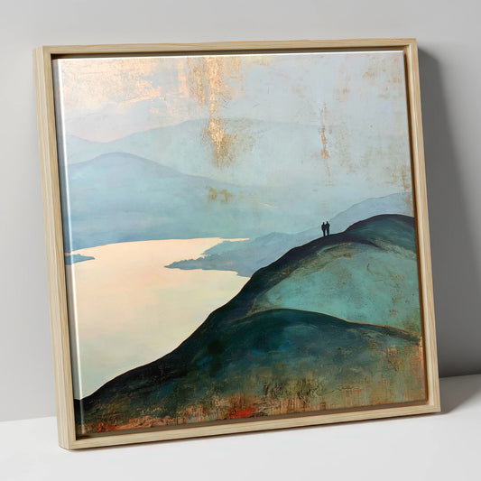 Silhouetted Walkers on Catbells Ridge lake district fell canvas wall art in natural frame