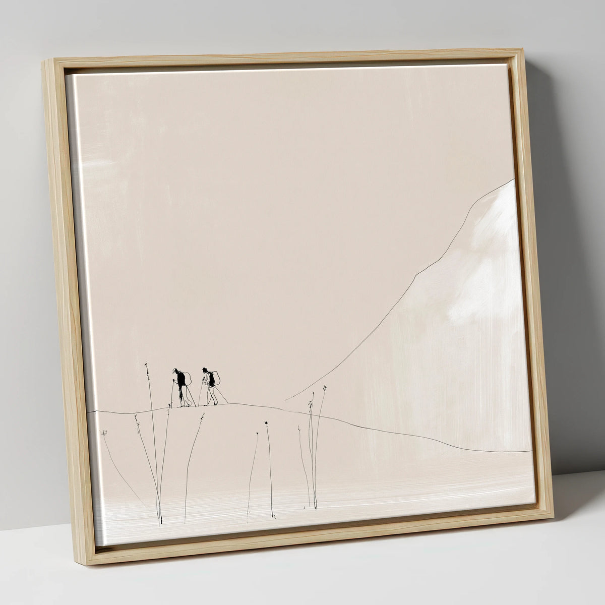 Walkers on a Minimalist Fell lake district walking canvas wall art in natural frame
