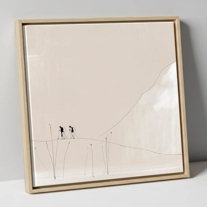 Walkers on a Minimalist Fell lake district walking canvas wall art in natural frame