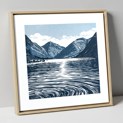 Wastwater Fells in Deep Navy lake district lake canvas wall art in natural frame