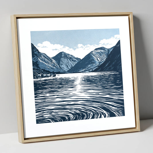 Wastwater Fells in Deep Navy lake district lake canvas wall art in natural frame