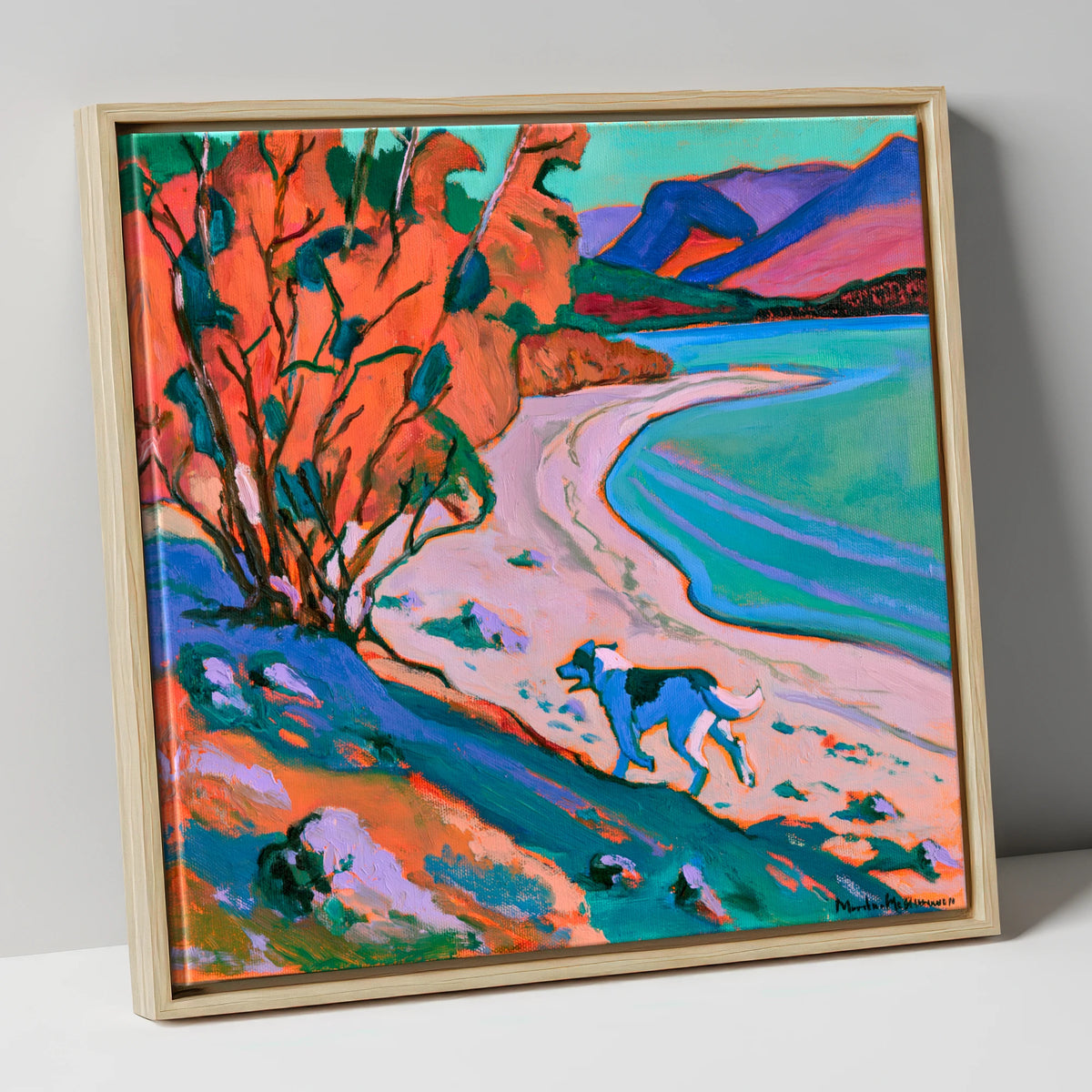 Colourful Derwentwater Shore with Dog derwentwater wall art canvas wall art in natural frame