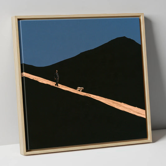 Dog Walker on Sunlit Skiddaw gifts for dog walkers canvas wall art in natural frame