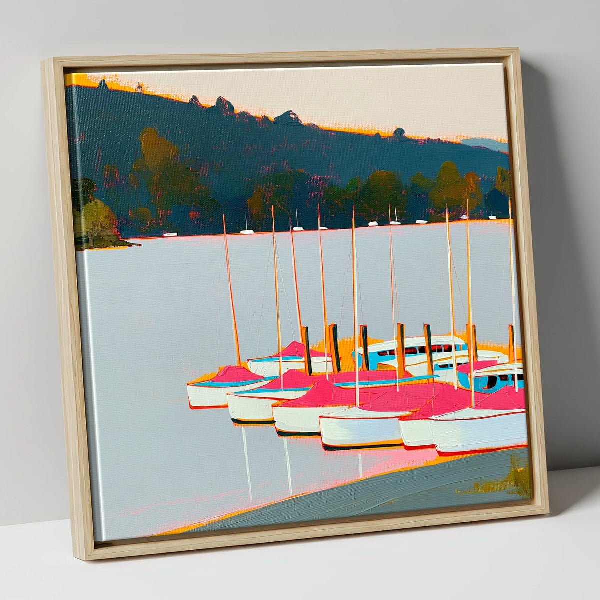 Vibrant Pink Boats on Windermere lake district lake canvas wall art in natural frame
