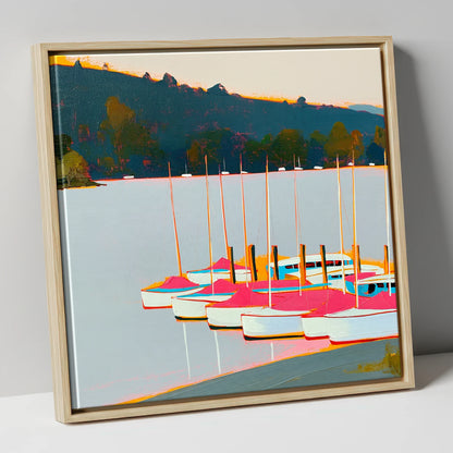 Vibrant Pink Boats on Windermere lake district lake canvas wall art in natural frame
