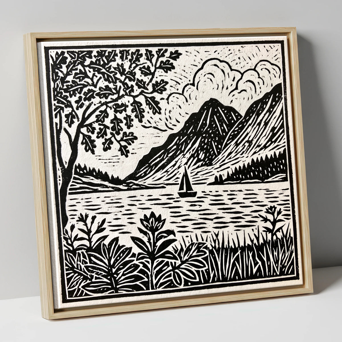 Monochrome Ennerdale Fells and Sailboat lake district valley canvas wall art in natural frame