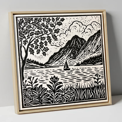 Monochrome Ennerdale Fells and Sailboat lake district valley canvas wall art in natural frame