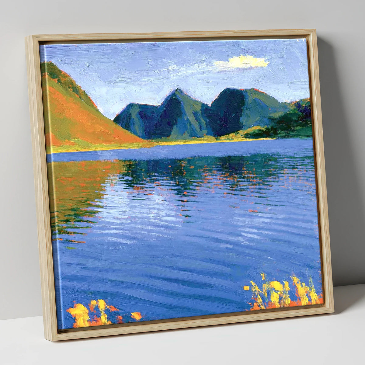 Vibrant Reflections on Loweswater lake district lake canvas wall art in natural frame