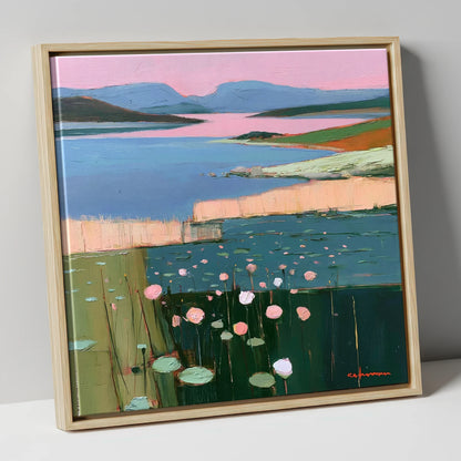 Lake Fells Under Pink Sky lake district lake canvas wall art in natural frame