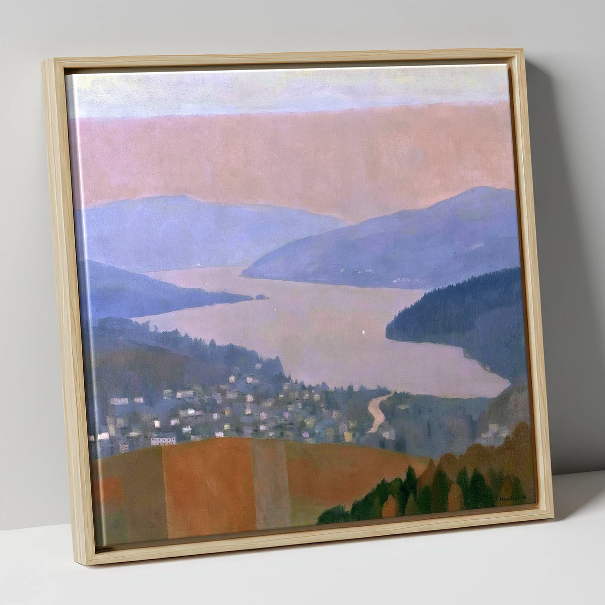 Ambleside and Lake in Pastel Dusk lake district village canvas wall art in natural frame
