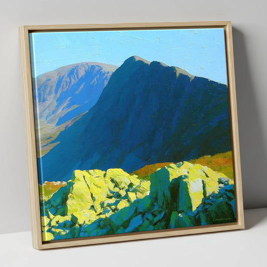 Sunlit Rocks on Great Carrs lake district fell canvas wall art in natural frame
