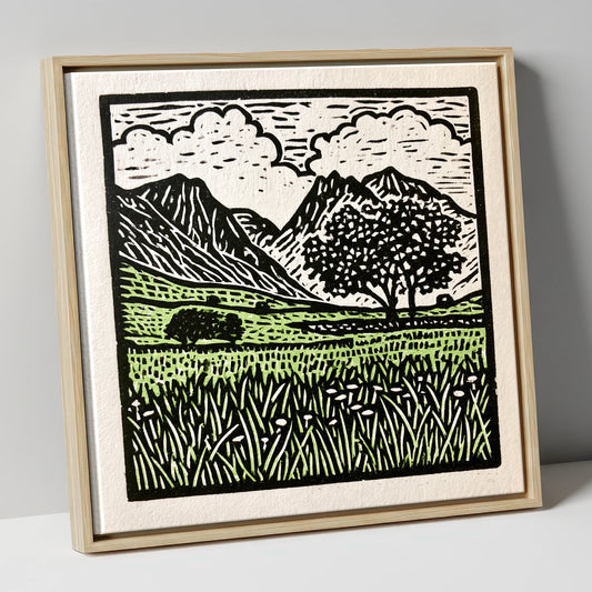 Langdale Pikes Spring Meadow lake district fell canvas wall art in natural frame