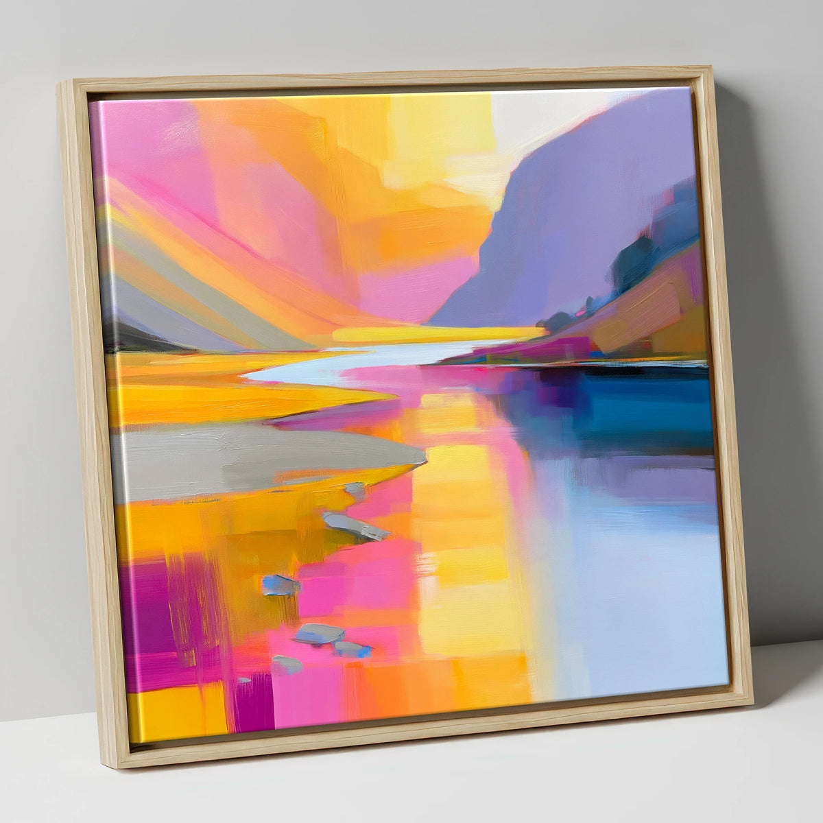Pink and Gold River Valley lake district waterfall canvas wall art in natural frame