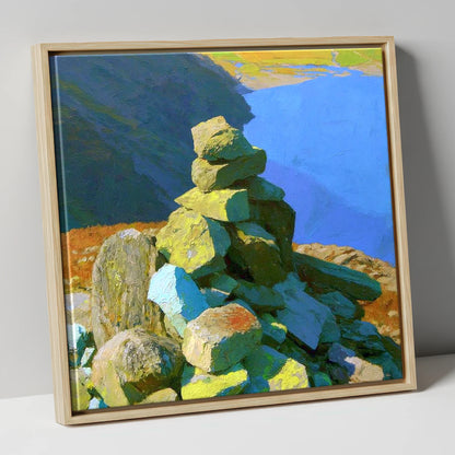 Sunlit Calf Crag Stone Cairn lake district fell canvas wall art in natural frame