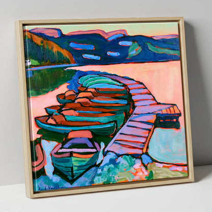 Bold Windermere Boats and Jetty lake district lake canvas wall art in natural frame