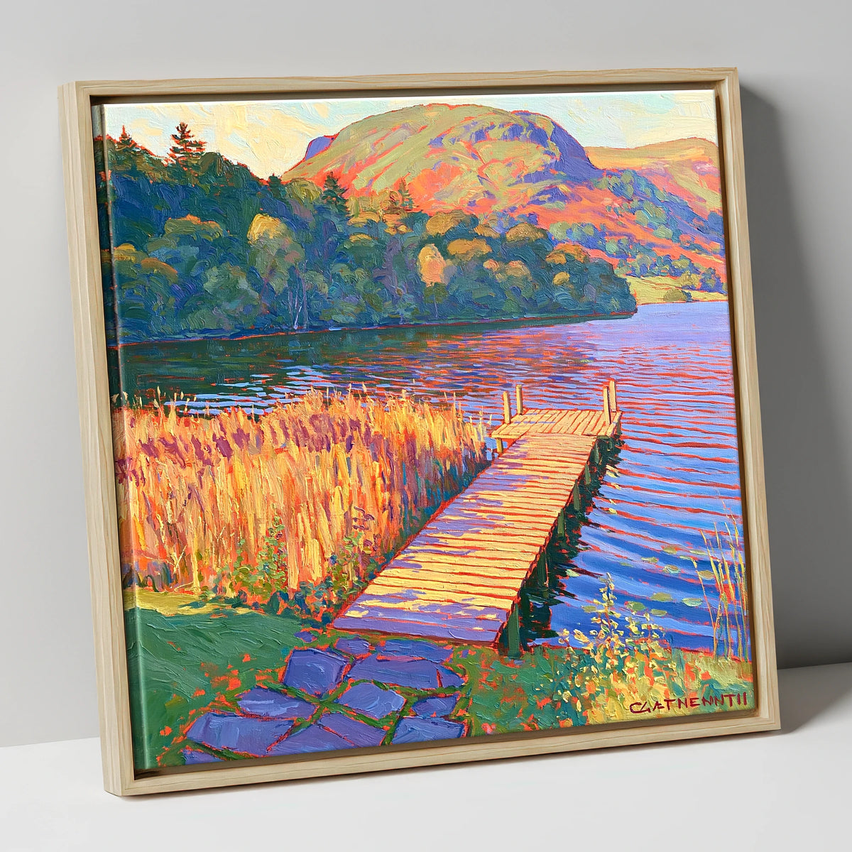 Vibrant Grasmere Pier at Sunset grasmere wall art canvas wall art in natural frame