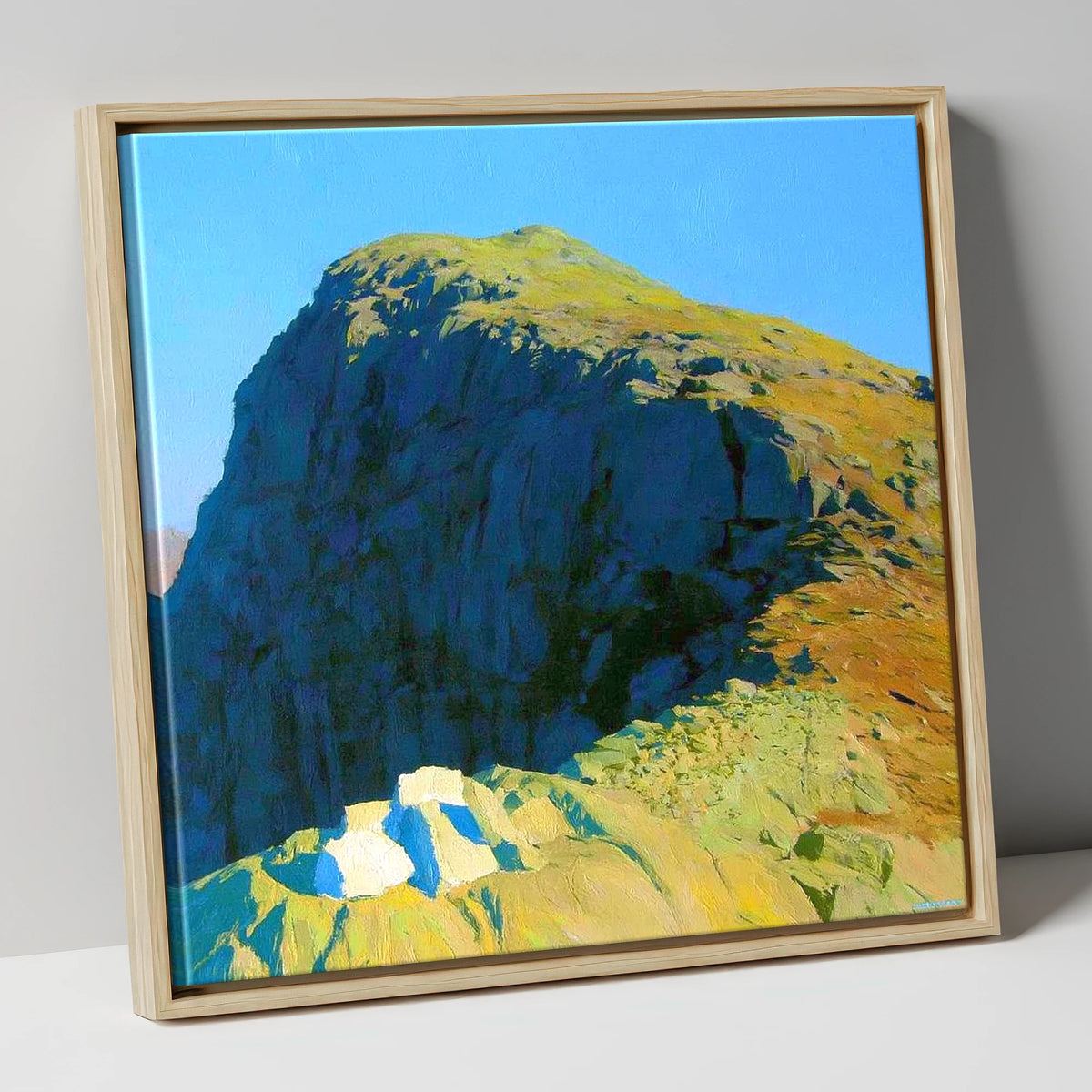 Sunlit Crags of Harrison Stickle lake district fell canvas wall art in natural frame