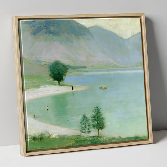 Wild Swimmers in Hazy Wastwater lake district walking canvas wall art in natural frame