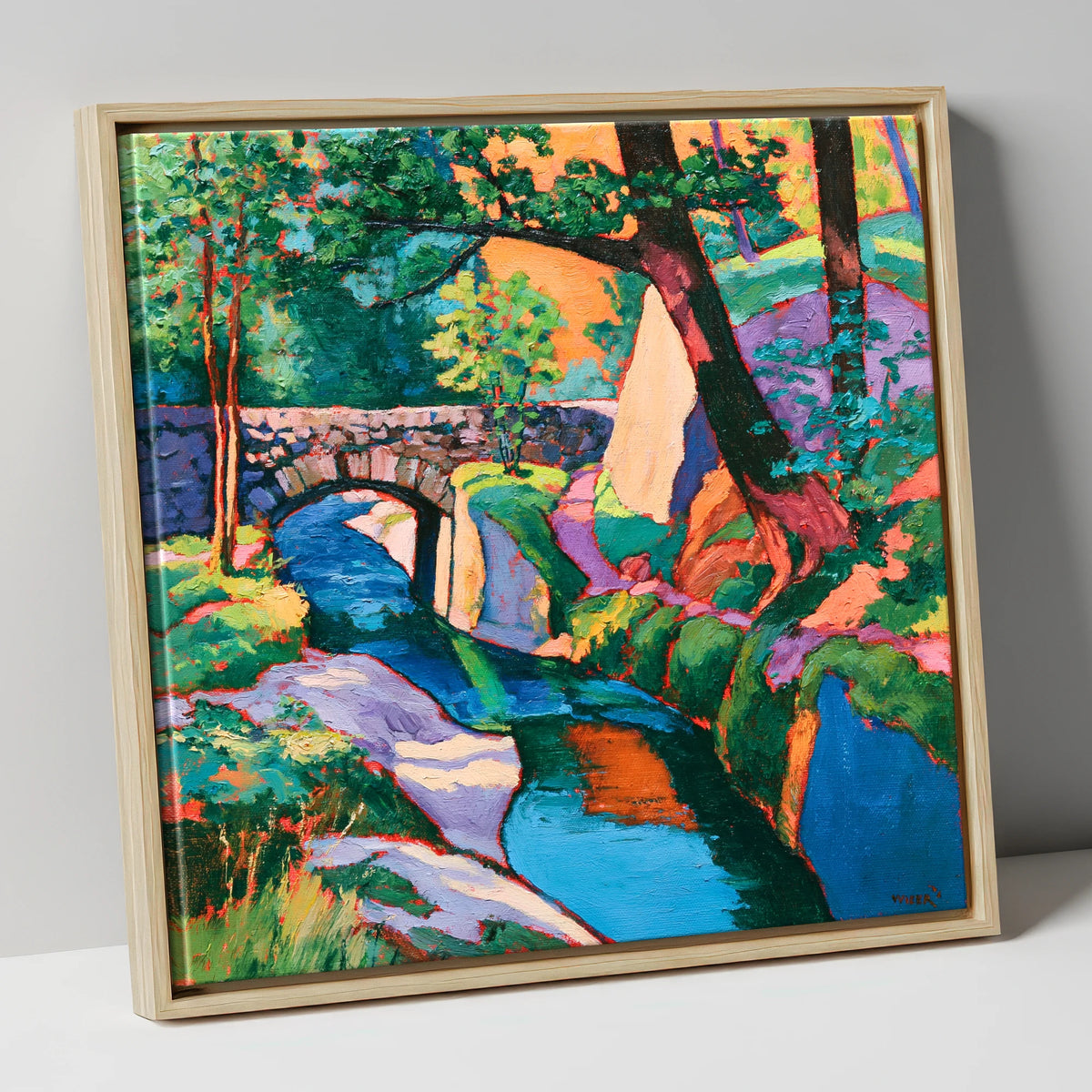 Vibrant Bridge Over Turquoise Beck lake district waterfall canvas wall art in natural frame