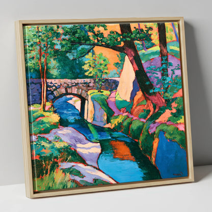 Vibrant Bridge Over Turquoise Beck lake district waterfall canvas wall art in natural frame