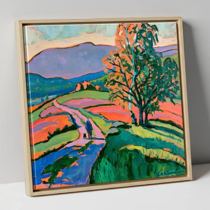 Hawkshead Fells with Dog Walker gifts for dog walkers canvas wall art in natural frame