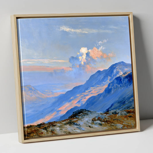 Sunlit Summit Over Blue Fells lake district fell canvas wall art in natural frame